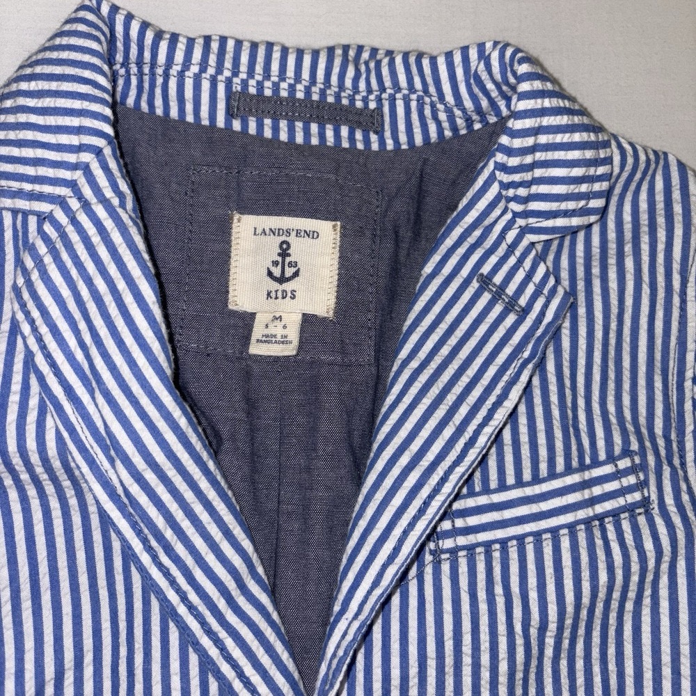 Lands Ends KIDS Seersucker Blazer Jacket Sz 5/6 Blue Striped Preppy Nautical Boy